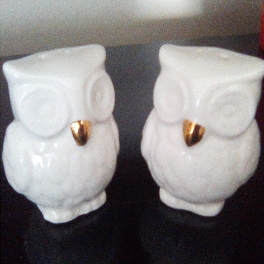 Ceramic White Owl W/Gold Beaks Salt‎ and Pepper Shakers